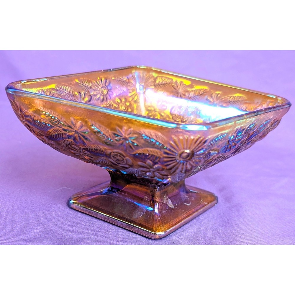 Indiana Carnival Glass Diamond Shaped Pedestal Dish Amber Iridescent Vintage